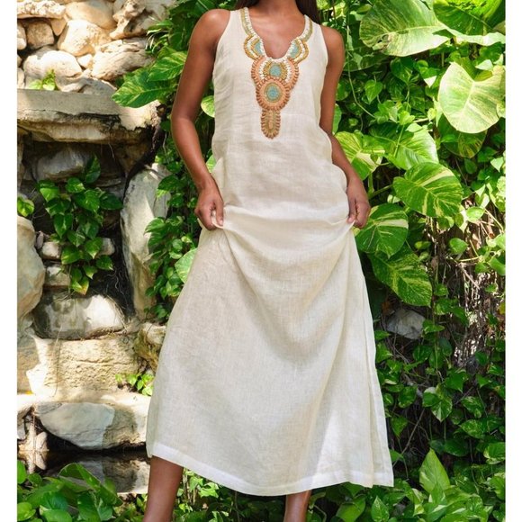 Boston Proper Dresses & Skirts - Boston Proper Sleeveless 100% Linen Off-White Beaded Embellished Maxi XS NWT